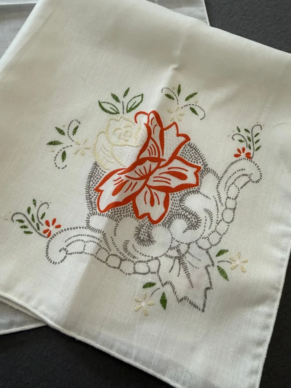 Vintage Embroidered Napkins Bread Basket Liners Floral Painted Linen Pair 19x19